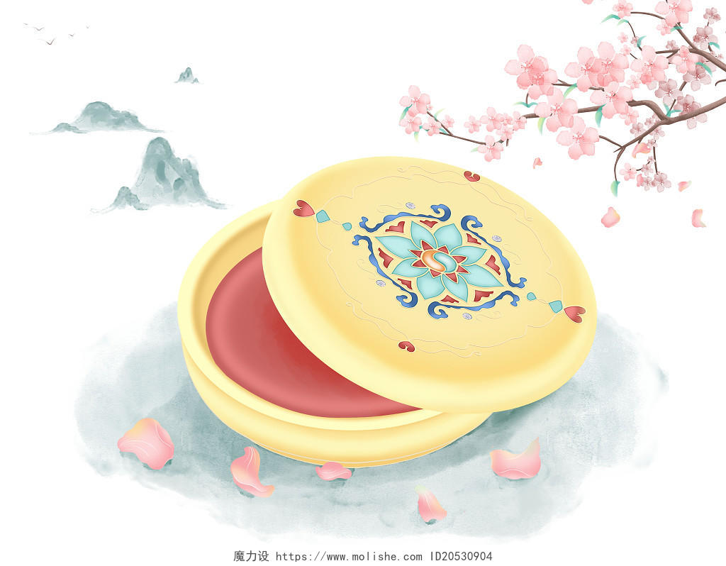 中国古风雕花金色富贵奢华胭脂盒粉色桃花插画元素
